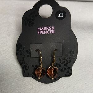 Marks & Spencer Gold Earrings with Brown Multifaceted Bead